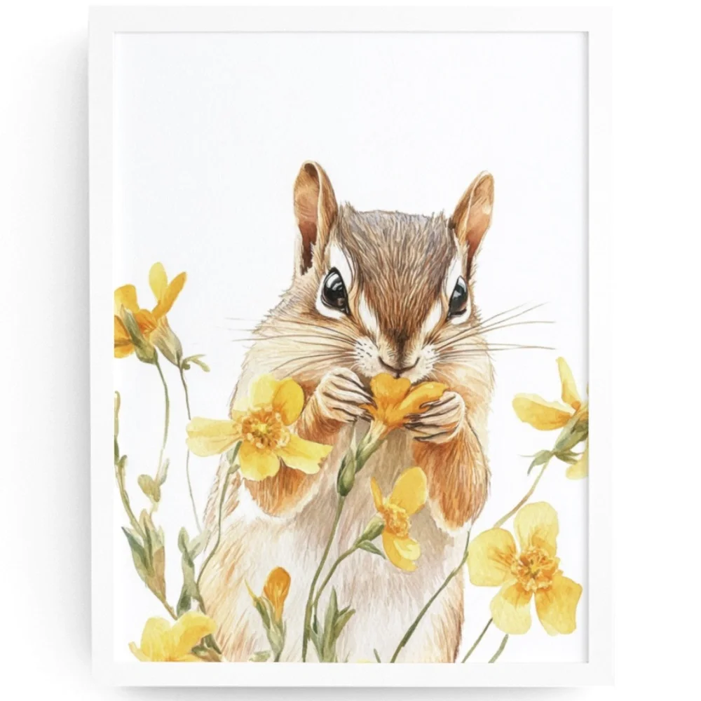 Watercolor Floral Chipmunk Portrait Wall Art Illustration Print Poster Unframed - Picture 1 of 9